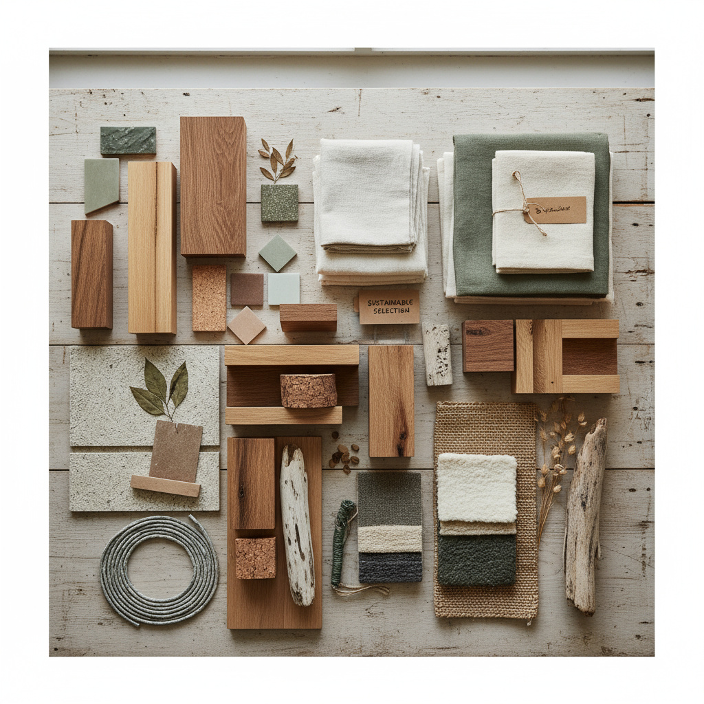 Materialmuster: Holz, Textilien, Recyclingoberflächen