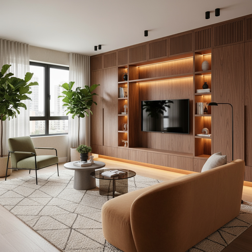 Wohnzimmer mit Maßschreinerarbeit und integrierter Beleuchtung